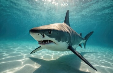 Naklejka premium Majestic grey glides through clear turquoise ocean water near sandy seabed. Sunlight filters from surface, illuminating aquatic predator with sharp teeth visible. Great white swims below, embodying