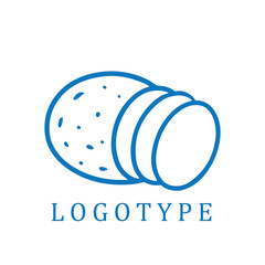 Naklejka premium A sleek blue and white line art logo featuring a cleanly sliced potato. Contemporary design with crisp lines and minimalist appeal, perfect for fresh, modern branding.