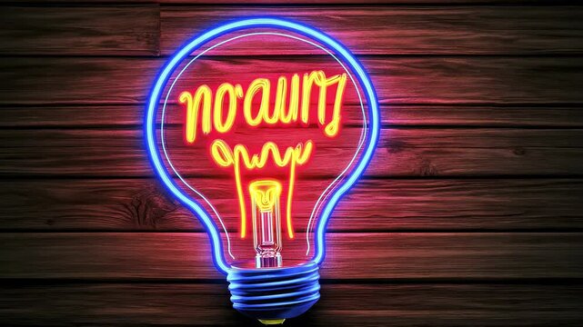 vibrant neon light bulb with no art inscription against wooden background