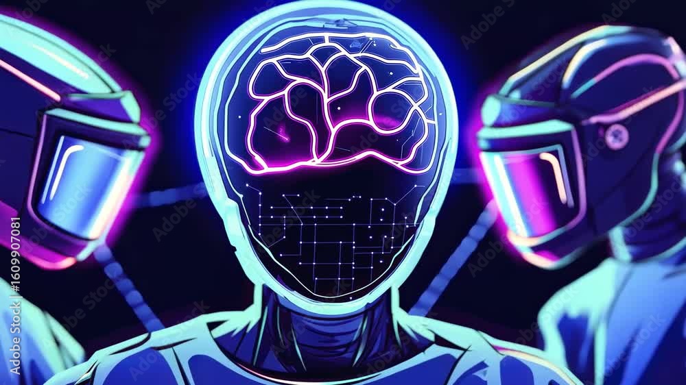 Poster futuristic interaction between humanoid robots and artificial intelligence