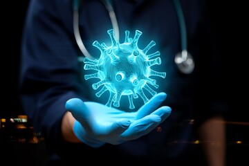 Medical researcher holding glowing 3d virus model, futuristic science concept for pandemic studies
