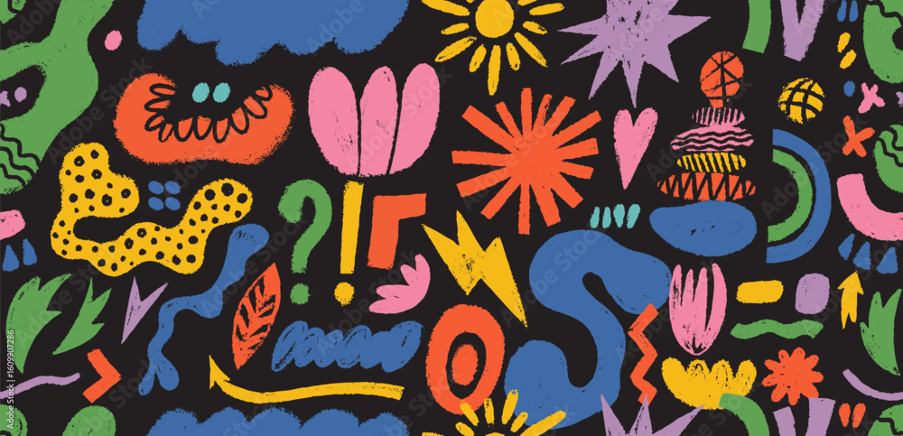 Poster seamless pattern crayon abstract shapes, forms. groovy bizarre shapes in trendy crayon drawing style