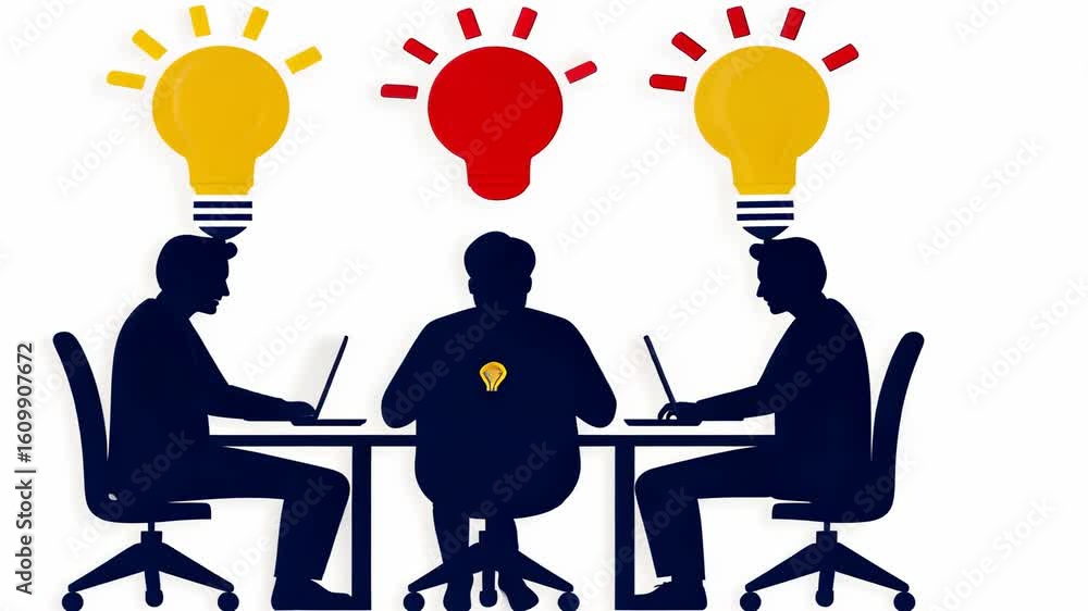 Poster collaborative brainstorming session with lightbulbs representing ideas