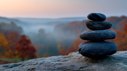 Serene Stack of Dark Gray Stones Balanced on a Rock Autumnal Landscape Background Misty Valley View