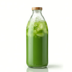 Iced matcha in transparent bottle with condensation and wooden cap  