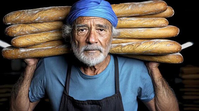 artisan baker carrying freshly baked baguettes in a rustic bakery