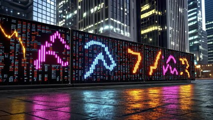 Illuminated stock market display in urban setting at night - Powered by Adobe