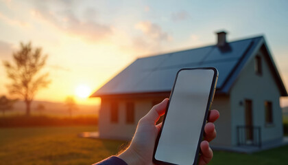 Smartphone displays solar energy consumption data for sustainable home equipped with solar panels. App monitors photovoltaic electricity usage, showing graphs, analytics. Technology facilitates