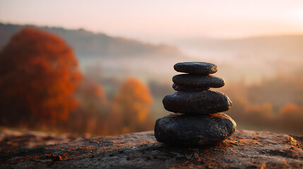 Serene Stacked Dark Grey Stones on a Rock Autumnal Landscape Background Warm Sunset Light stacked stones