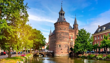 Medieval tower by canal, sunny day