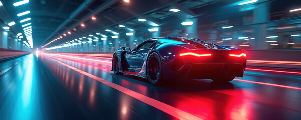 Futuristic sports car speeds through neon-lit tunnel at night. Sleek design with glowing red taillights, motion blur captures dynamic energy. Advanced technology, electric power, luxury transport