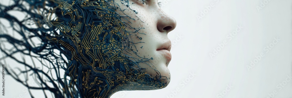 Poster digital face integration with circuit patterns and organic roots set against a minimalistic soft bac