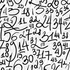 Seamless black and white hand-drawn pattern with expressive numbers, arranged chaotically. Energetic, abstract texture with sketchy design for textile, fabric, packaging, decoupage, souvenirs.