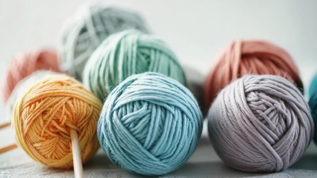 Colorful yarn balls with wooden knitting needles on white background