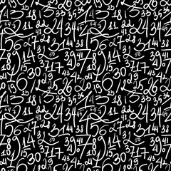 Seamless black and white hand-drawn pattern with expressive numbers, arranged chaotically. Energetic, abstract texture with sketchy design for textile, fabric, packaging, decoupage, souvenirs.