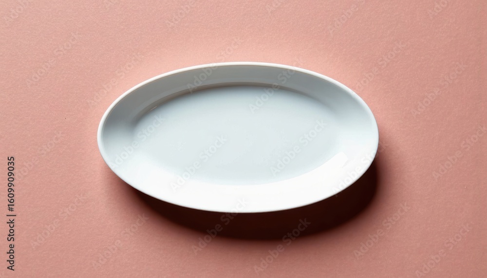 Poster top view of a pristine white oval dish casting a soft shadow on a muted rose colored background, emb