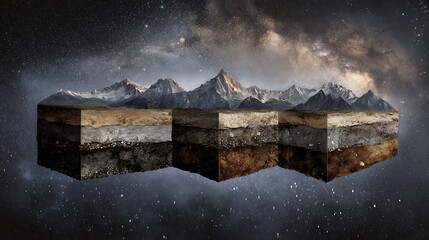 Surreal Cross Section of Earth Layers Showing Mountain Range Against Starry Night Sky Brown Gray White Layers of Soil Rock and Minerals