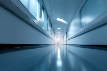 Empty hospital corridor with bright lights and glossy floor