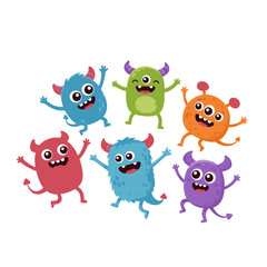 Fototapeta premium Playful cartoon monsters gather displaying whimsical horns and expressive faces in vibrant colors