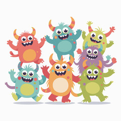 Obraz premium Seven cartoon monsters with horns big eyes and big smiles stand together