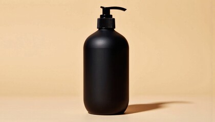 A sophisticated matte black pump dispenser for beauty or hygiene products, showcased with simple elegance against a warm, calming neutraltoned background.