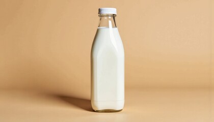 Fresh dairy milk in a traditional glass bottle, a pure and simple beverage for daily nutrition and wellness, presented against a clean, minimalist backdrop
