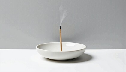 Create a serene sanctuary with a single aromatic stick smoldering in a minimalist white bowl, its gentle plume of smoke inviting a moment of calm and quiet contemplation.