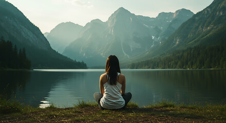 Woman enjoying serene mountain lake view during sunrise for peace, relaxation, and meditation