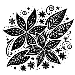Fototapeta premium Black and White Floral Pattern with Stars and Swirls.