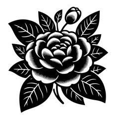 Black and White Stylized Rose with Leaves.