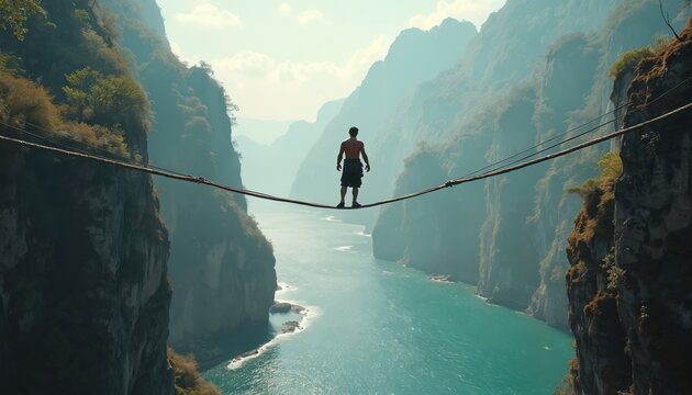 Man crosses gorge on highline. Athlete balances on rope high above river water. Extreme adventure sport shows fearlessness, concentration, incredible skill. Overcomes challenge, living life boldly.
