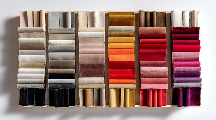 Top Down View of Fabric Swatches Arranged in Color Families on Wooden Display Neutral Beige Gray Brown Red Pink Purple Orange Yellow