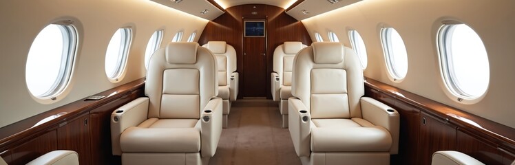 Luxurious private jet cabin interior featuring plush cream leather seats, polished wood trim. Soft ambient lighting creates upscale atmosphere. Multiple oval windows offer views of sky. Seats