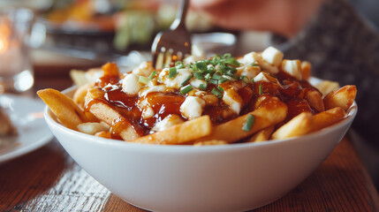 Close up of a Bowl of Poutine at a Restaurant