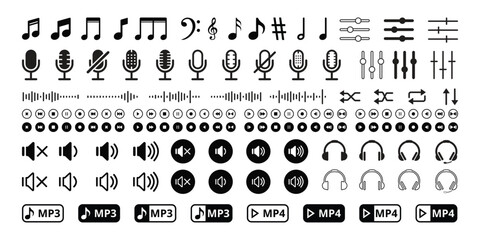 Collection of Modern Music and Audio Player Icons: Black and White Vector Graphics.