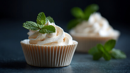 Two Creamy White Mini Cakes Topped with Fresh Green Mint Leaves on Dark Background Close Up Shot cupcakes