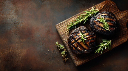 Two Grilled Portobello Mushrooms Rosemary Garnish Dark Brown Wooden Cutting Board Rustic Background
