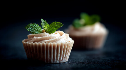Two Tan Cupcakes Topped with Creamy Beige Frosting and Fresh Green Mint Leaves on Dark Background Close Up