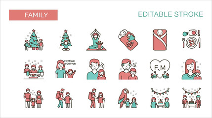 Family activities and moments icons in coral and teal