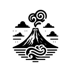 Stylized Black and White Volcano Illustration with Smoke and Clouds.