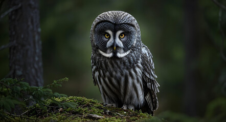 Fototapeta premium Great Grey Owl Perched on Mossy Branch in Enchanted Forest