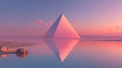 Pyramid reflects on water at sunset in a surreal landscape. Conceptual. For web, design, marketing.