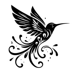 Stylized Black Hummingbird with Swirling Tail Feathers.