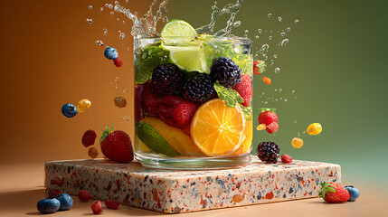 Vibrant Fresh Fruit Splashing into Glass Water Filled with Strawberries Blackberries Raspberries Blueberries Limes Orange and Mint on