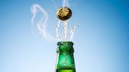 Corked green drink bottle top with a burst of cooling smoke on blue sky background. Banner template refreshing beverage concept for summer party or holiday, menu and advertising with copyspace.