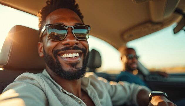 African American man enjoys road trip, driving a car with sunglasses. Smiling driver on sunny day, on-road experience. Companion in passenger. Warm light, open road adventure, freedom, travel. - Powered by Adobe