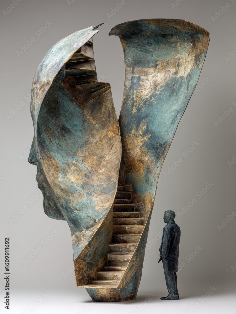 Poster abstract sculpture representing intelligence unfolding with a figure standing beneath in a modern ar