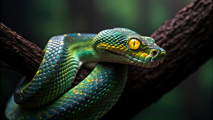 Vibrant green python with striking yellow eyes coils on a textured branch, showcasing intricate scales and a wild essence.