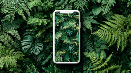 White Smartphone Displaying Lush Green Tropical Foliage Top Down View Ferns Monstera Leaves Vibrant Green Tones Nature Wallpaper Mockup