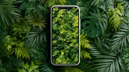 White Smartphone Displaying Lush Green Tropical Foliage Top Down View Various Ferns and Palm Leaves Vibrant Greenery Nature Background